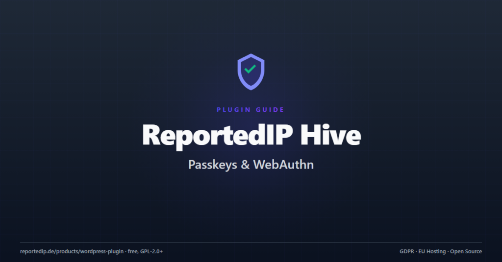 ReportedIP Hive plugin guide cover — WordPress passkeys and WebAuthn login