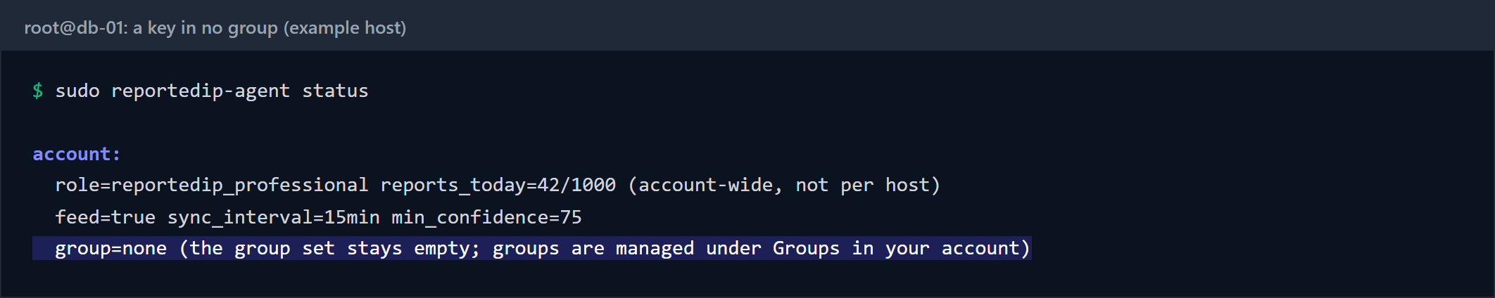 Terminal output of reportedip-agent status for a key in no group, showing group=none under the account