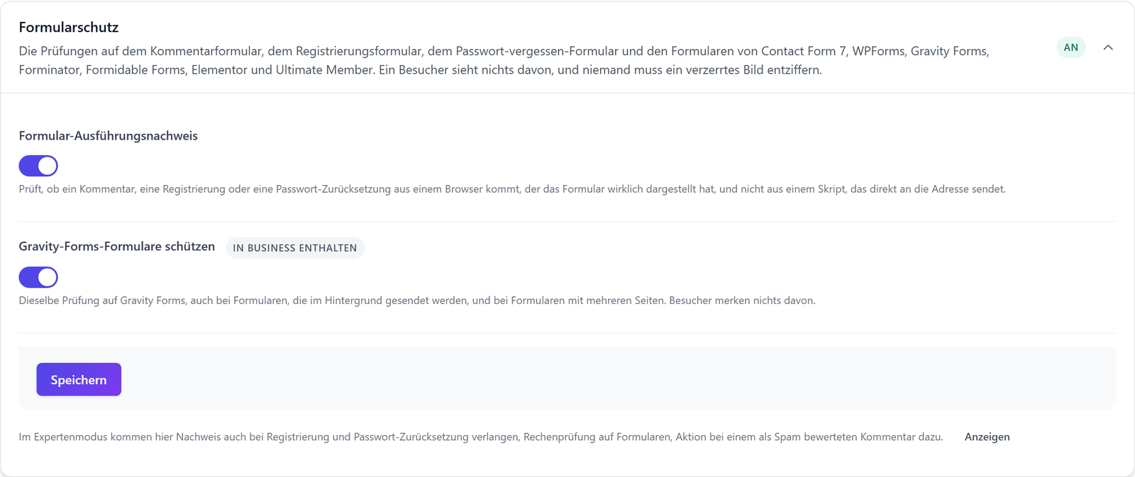 Karte Formularschutz in ReportedIP Hive mit eingeschaltetem Formular-Ausführungsnachweis und Gravity-Forms-Formulare schützen