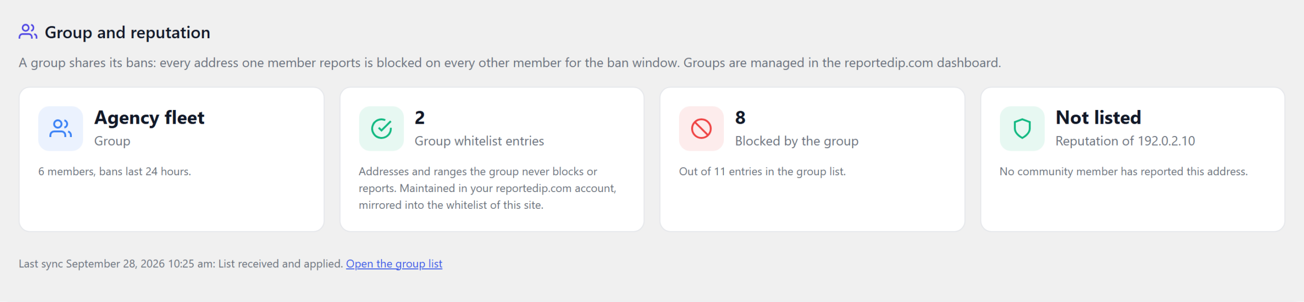 Hive dashboard group card showing the group name, six members, a 24-hour ban window, two whitelist entries and eight of eleven entries blocked