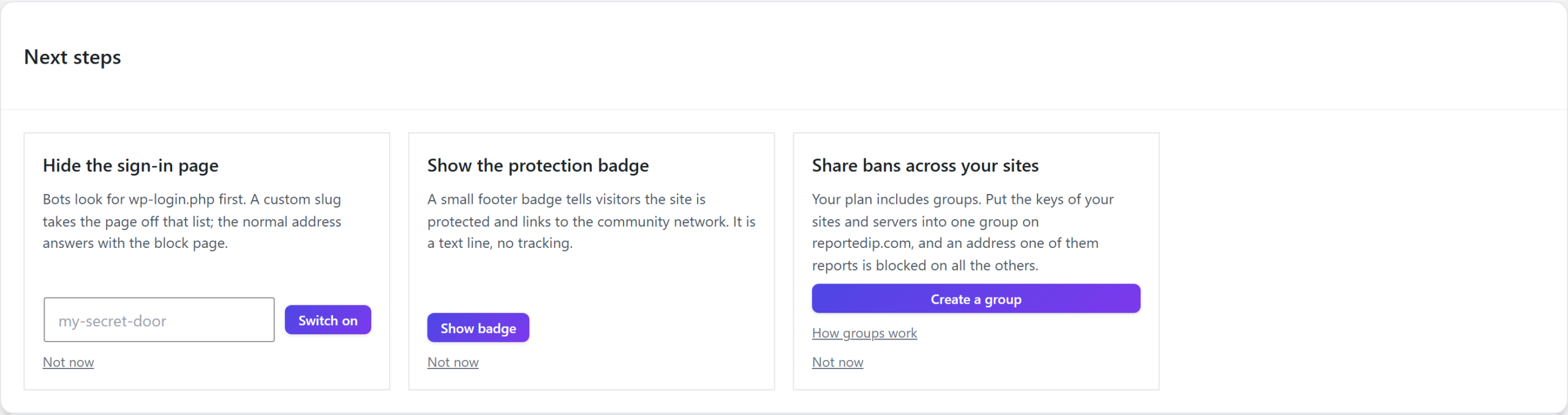 Hive next steps with the card Share bans across your sites and a button that opens the Groups section of the account