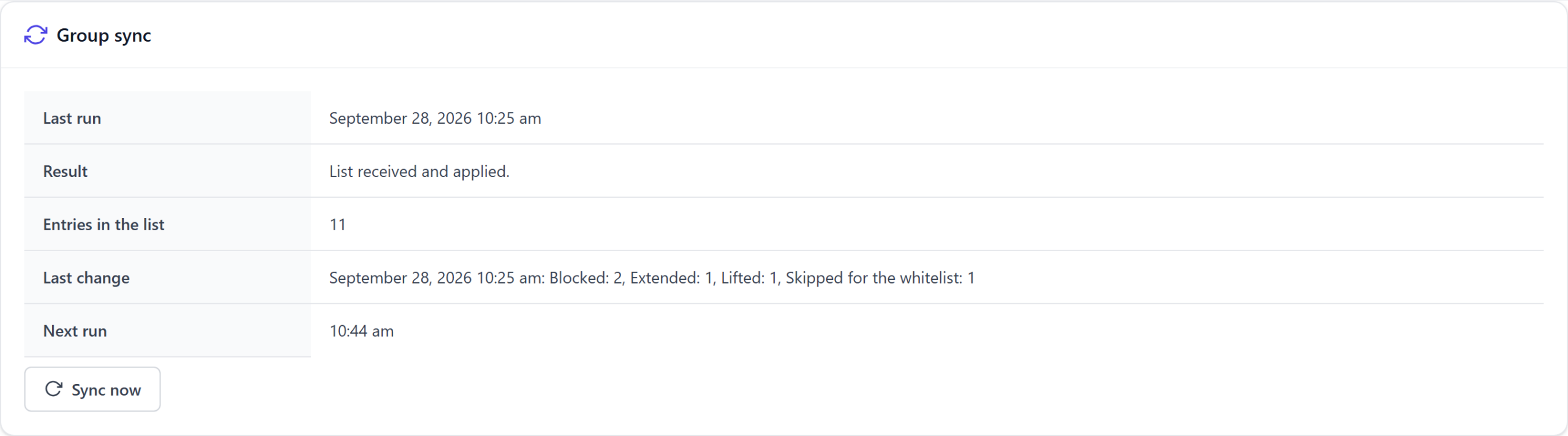 Hive group sync card with the last run, the result, eleven entries, the last change and the next run
