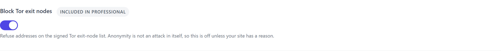 Ajuste Block Tor exit nodes en ReportedIP Hive, activado y marcado como incluido en Professional