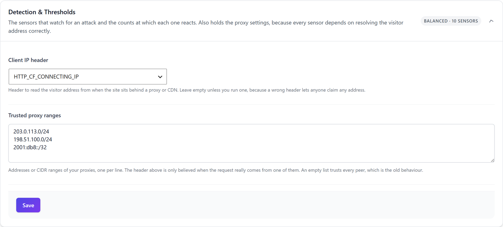 Client IP header configurado con la cabecera de Cloudflare y tres rangos de proxys de confianza en ReportedIP Hive