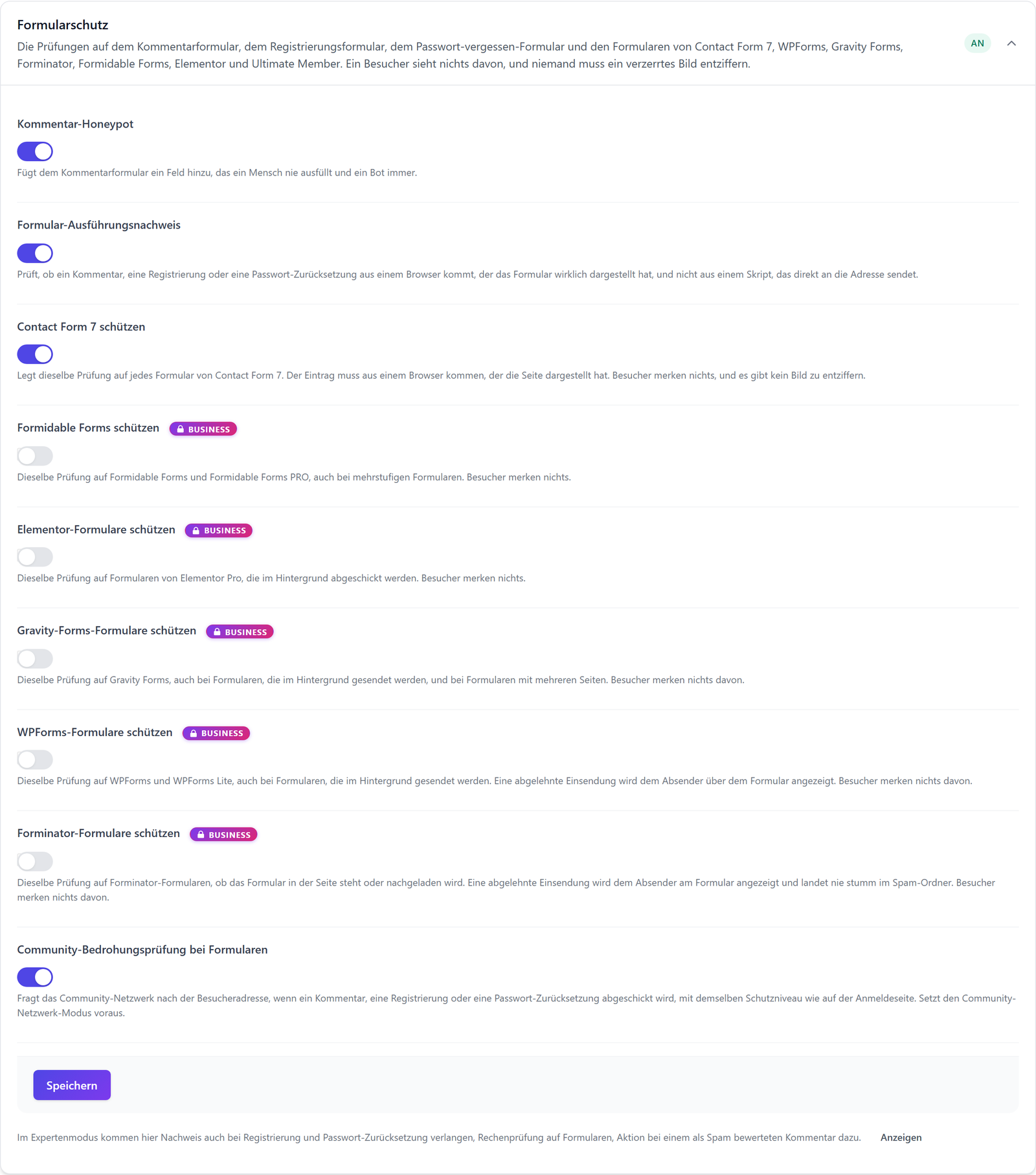 Karte Formularschutz in ReportedIP Hive mit eingeschaltetem Kommentar-Honeypot, Formular-Ausführungsnachweis und Contact Form 7 sowie den Schaltern für weitere Formular-Plugins mit Business-Hinweis