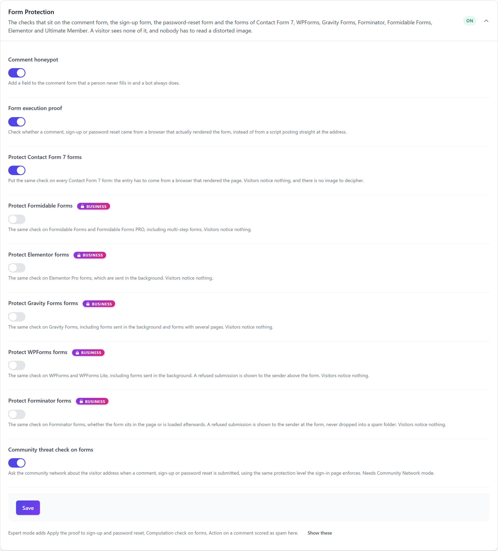 Form Protection card in ReportedIP Hive with comment honeypot, form execution proof and Contact Form 7 switched on and the switches for further form plugins marked Business