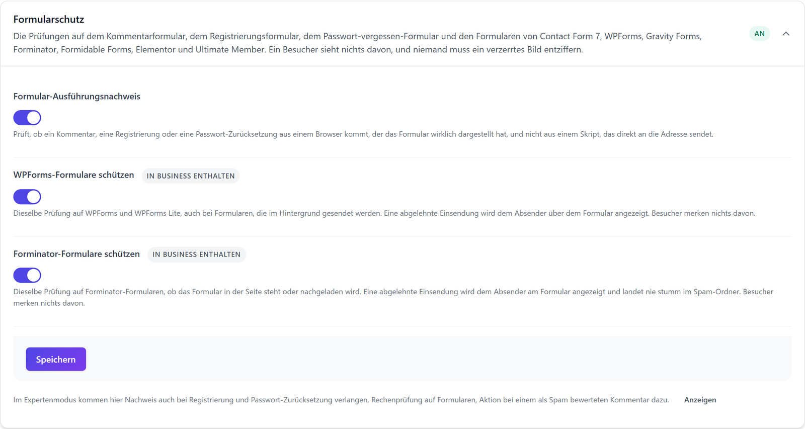 Karte Formularschutz in ReportedIP Hive mit eingeschaltetem Formular-Ausführungsnachweis, WPForms-Formulare schützen und Forminator-Formulare schützen