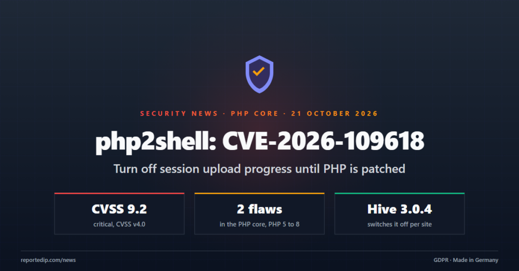 php2shell banner: CVE-2026-109618 in the PHP core, CVSS 9.2, 2 flaws in PHP 5 to 8, and Hive 3.0.4 switching off session upload progress per site