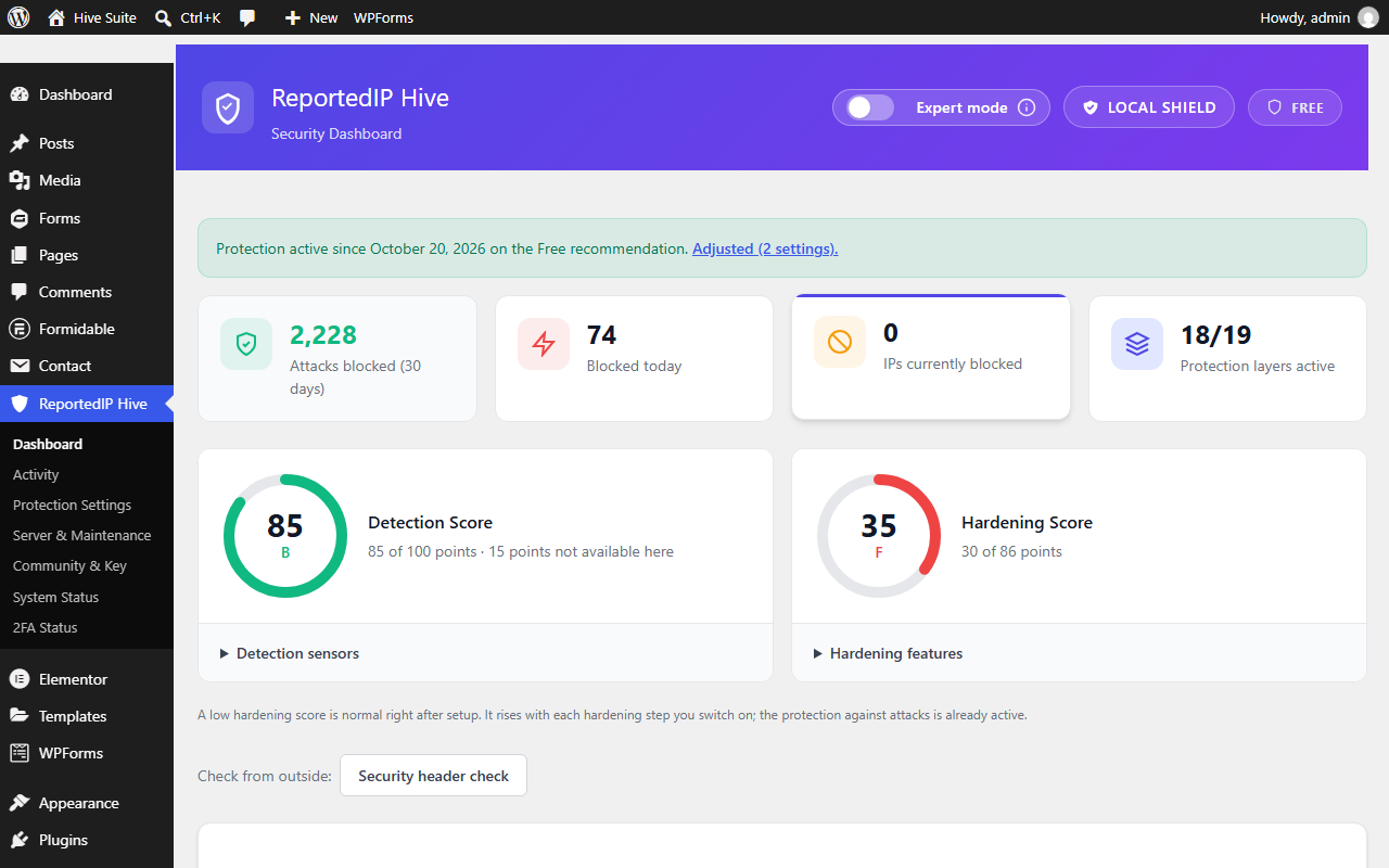 Hive-Dashboard mit Erkennungs-Score und Härtungs-Score