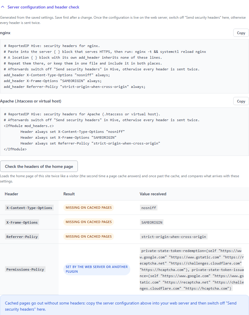 Erzeugte Konfiguration für nginx und Apache und das Ergebnis der Header-Prüfung je Header
