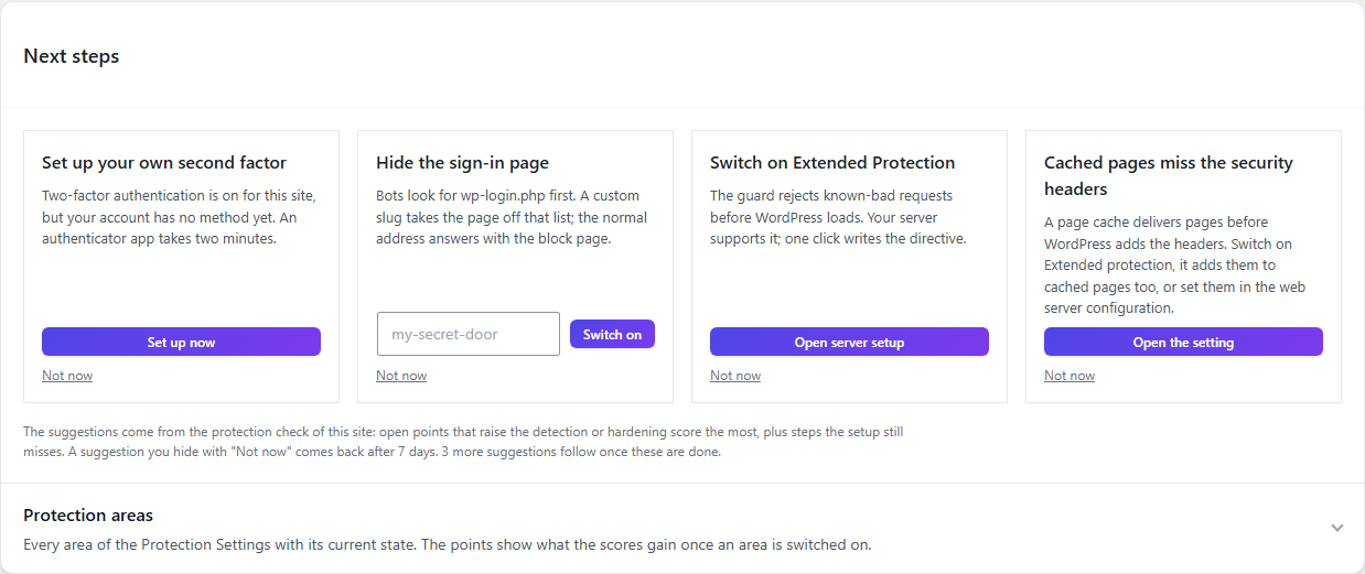 Nächste Schritte im Dashboard mit der Karte für gecachte Seiten ohne Security-Header