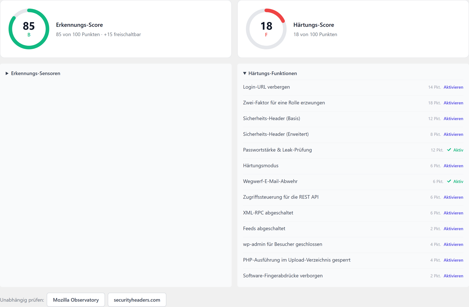 Dashboard von ReportedIP Hive vor der Checkliste zum Absichern von WordPress: Härtungs-Score 18 von 100, Note F, elf von dreizehn Punkten noch zu aktivieren