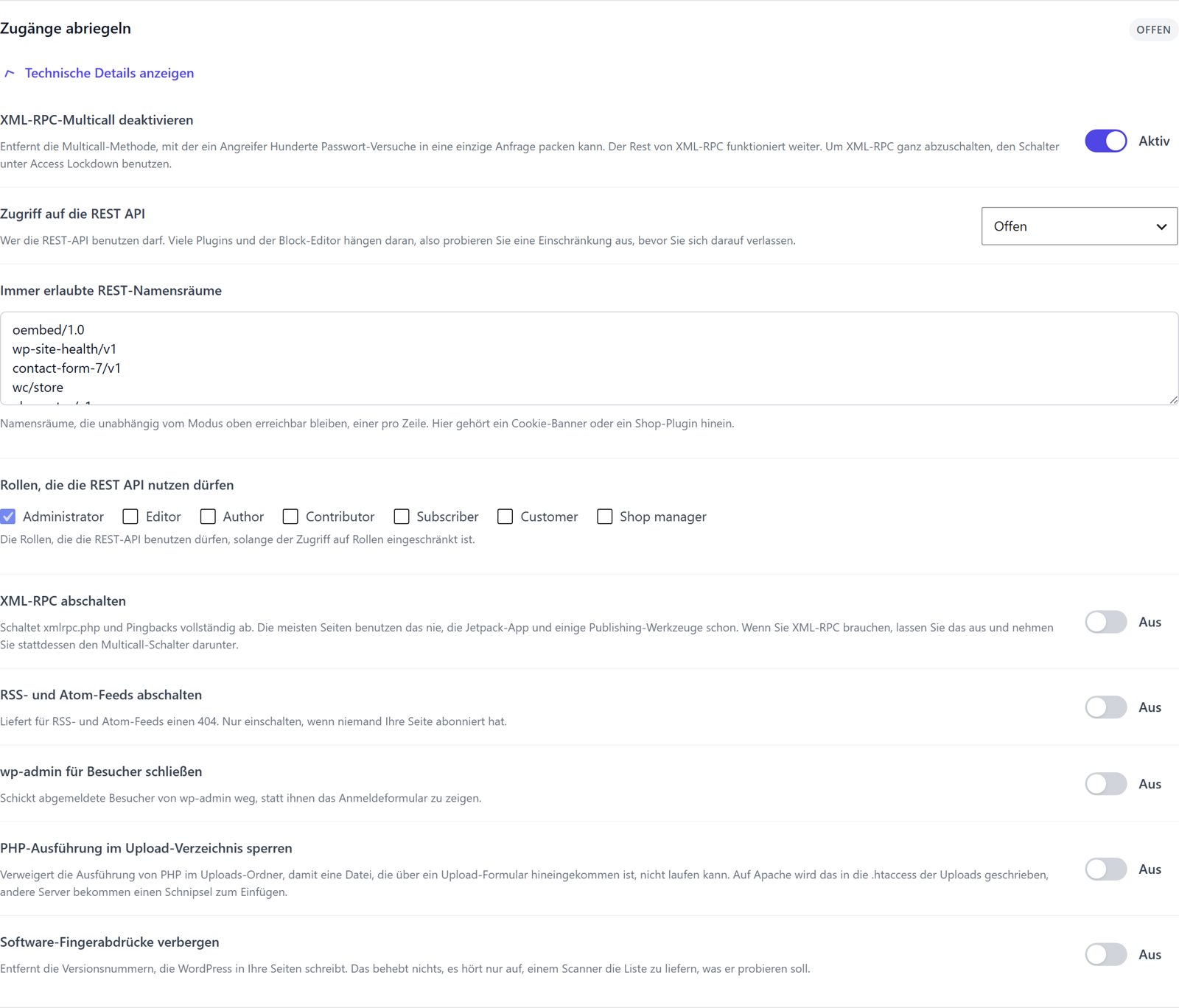 Bereich Zugänge abriegeln in ReportedIP Hive mit den Schaltern für den Zugriff auf die REST API, XML-RPC, Feeds, wp-admin für Besucher, PHP im Upload-Verzeichnis und Software-Fingerabdrücke