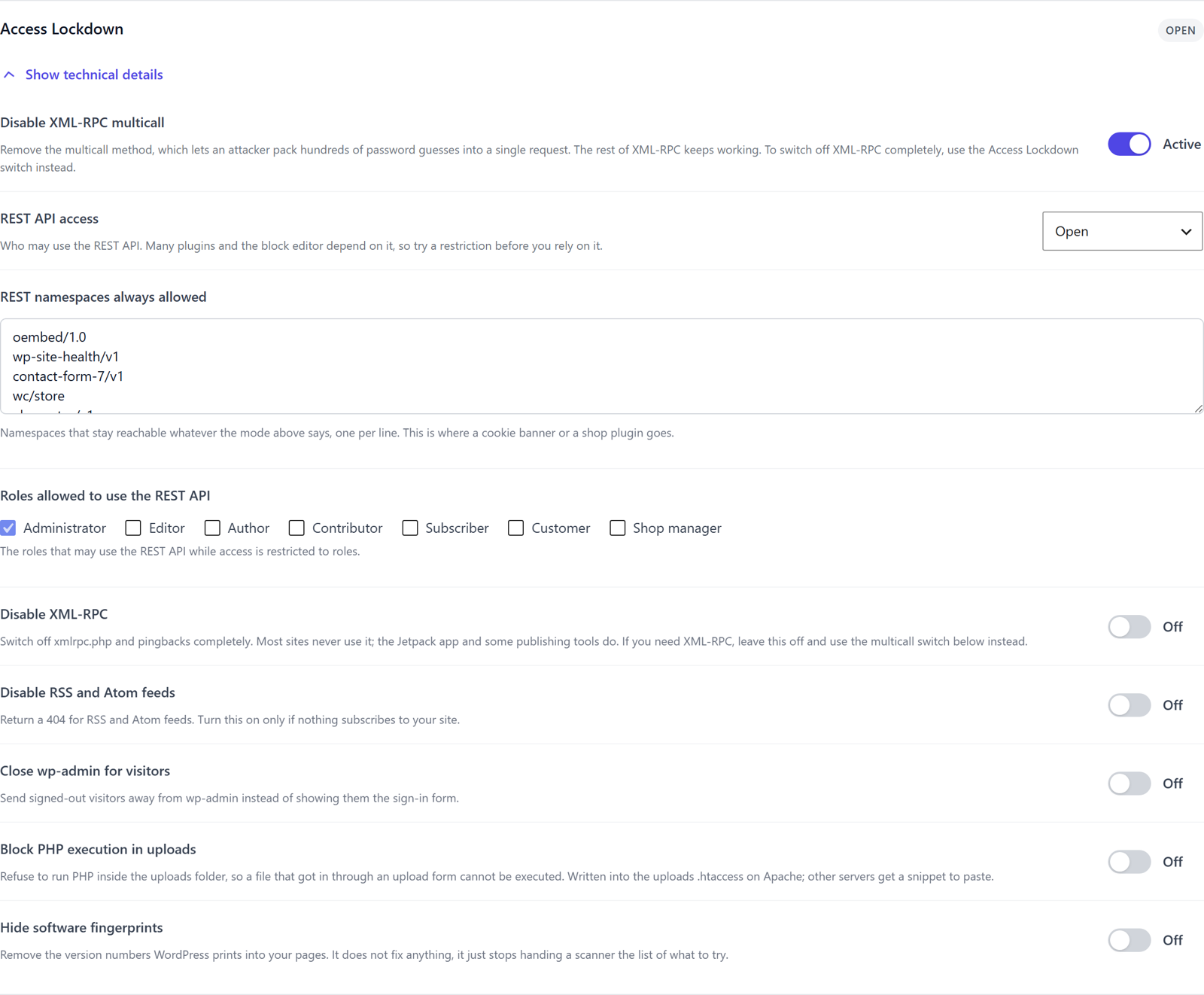 Access Lockdown section of ReportedIP Hive with the switches for REST API access, XML-RPC, feeds, wp-admin for visitors, PHP in uploads and software fingerprints