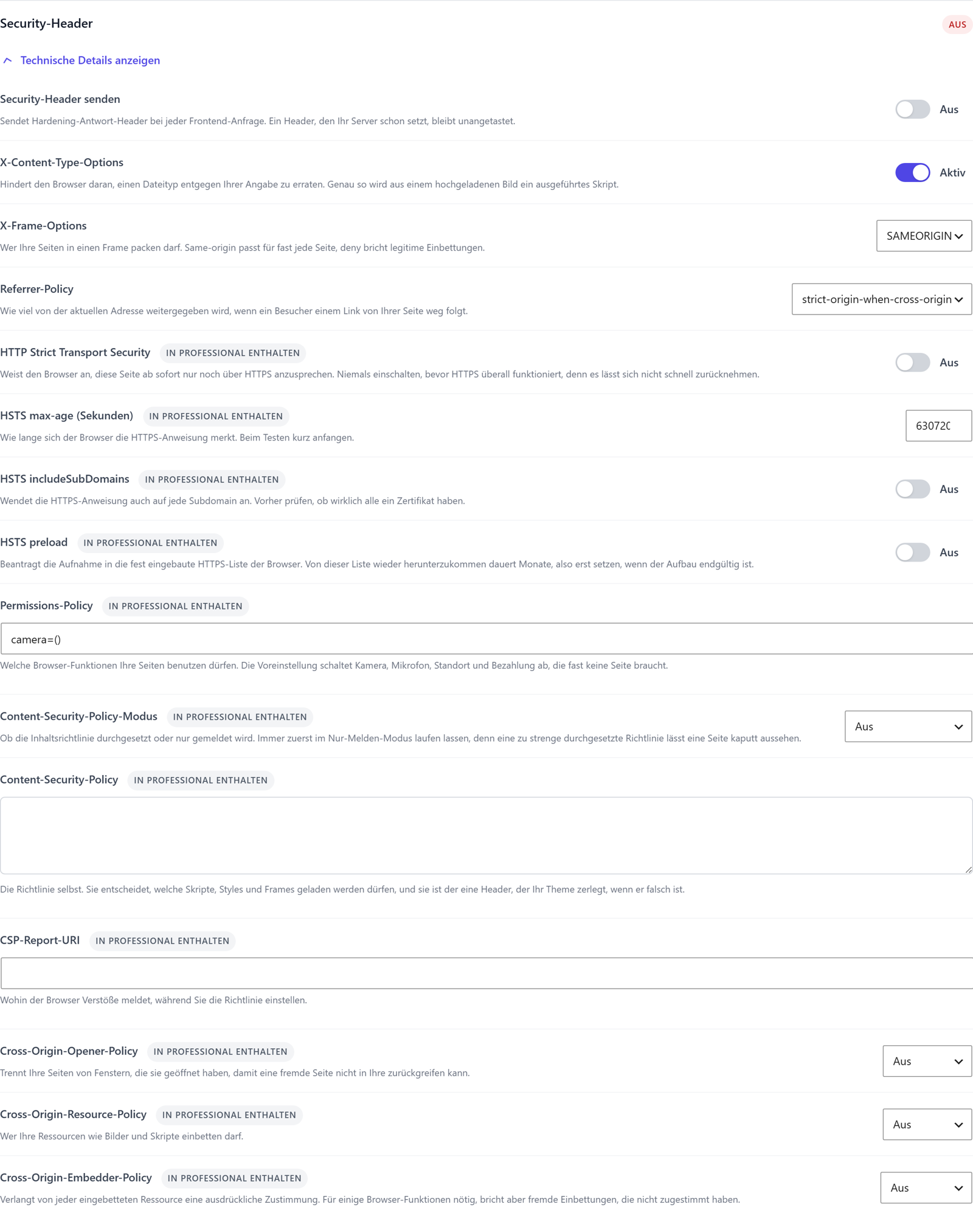 Bereich Security-Header in ReportedIP Hive mit den kostenlosen Basis-Headern und den Einstellungen für HSTS, Permissions-Policy, Content-Security-Policy und Cross-Origin, die als in Professional enthalten markiert sind