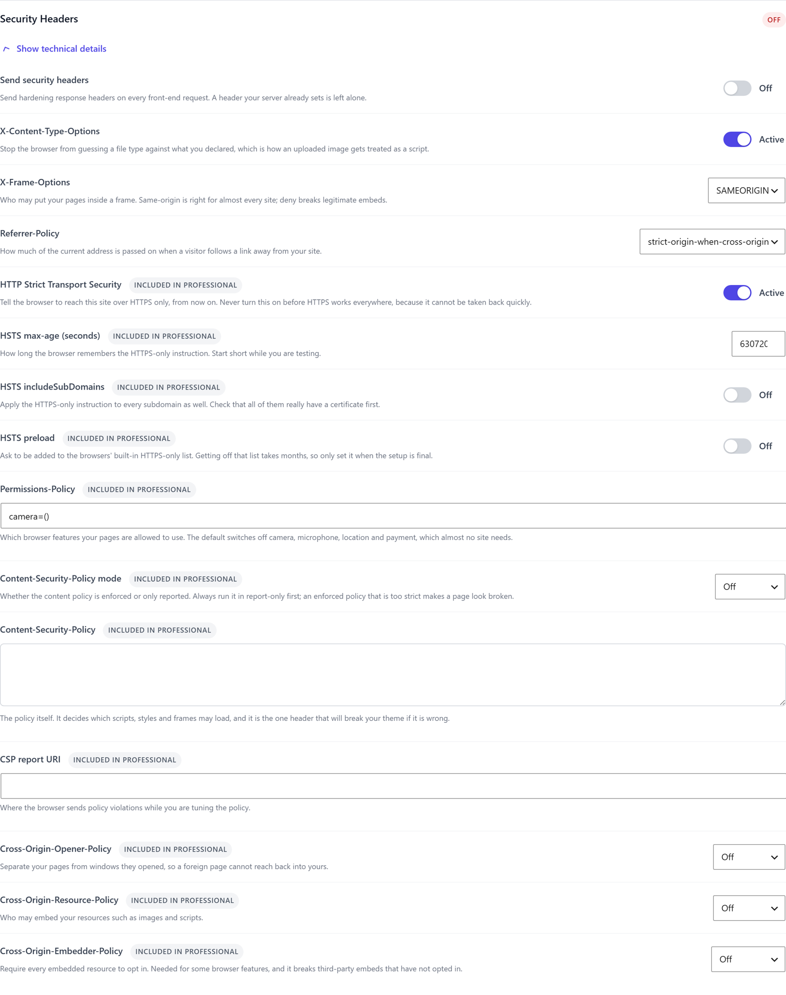 Security Headers section of ReportedIP Hive with the free basic headers and the HSTS, Permissions-Policy, Content-Security-Policy and cross-origin settings marked as included in Professional